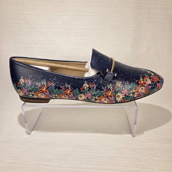 Talbots India Ink Blue Floral Flats Women's 10.5 M Brass Bit Loafers Leather NEW - Picture 6 of 8